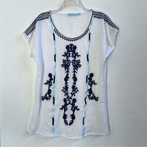 Solitaire Swim white blue embroidery cover up